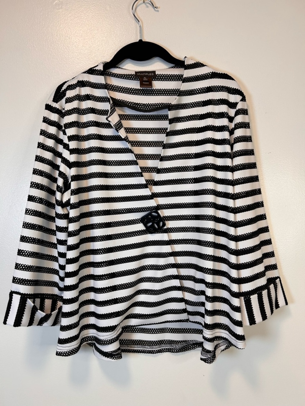 Multiples Black and White Striped Wrap Top Button Accent Women’s Large Petite